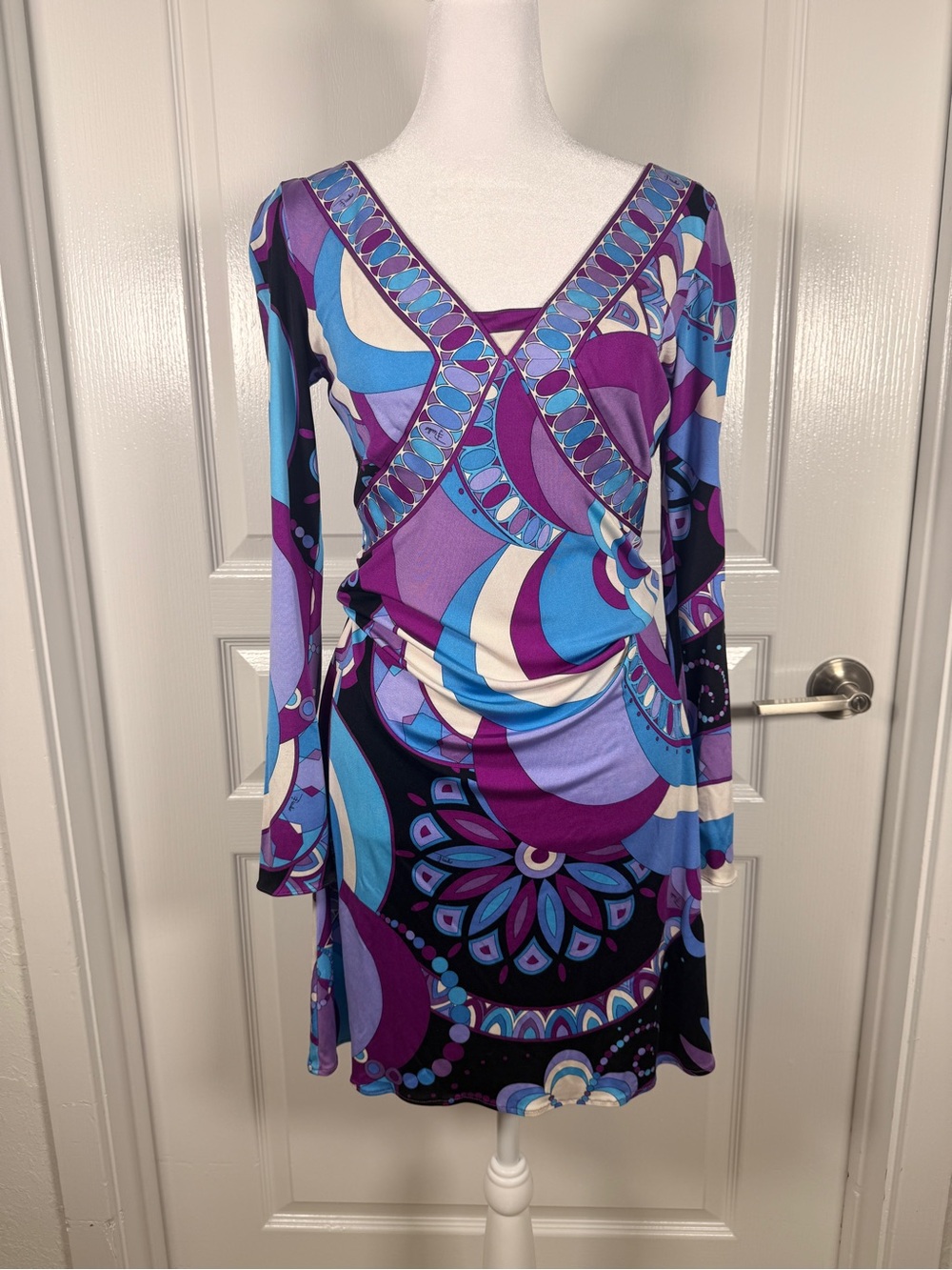 Emilio Pucci Purple, Blue & Cream Long Sleeve Printed Wrap Dress